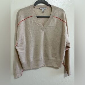 Autumn Cashmere Beige V-Neck Sweater with Coral Trim